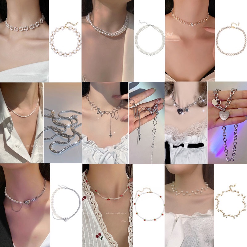 Vòng cổ Mặt Hình Trái Tim/ Bướm Đính Ngọc Trai Thời Trang Hàn Quốc Cho Nữ