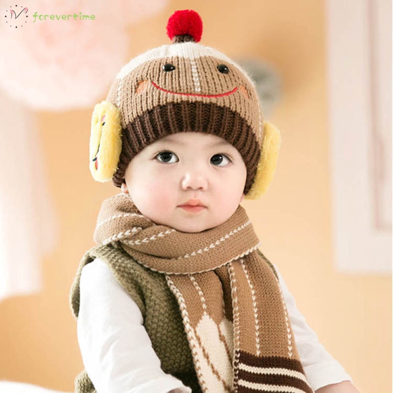 ☞mũ☜ Baby Boys Girls Knitted Hat + Scarf Smile Face Winter Warm Beanie Cap Hats Scarf Set