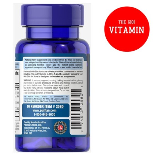 Kẽm giảm  mụn Puritan's Pride Premium Zinc For Acne 2580 100 viên | BigBuy360 - bigbuy360.vn