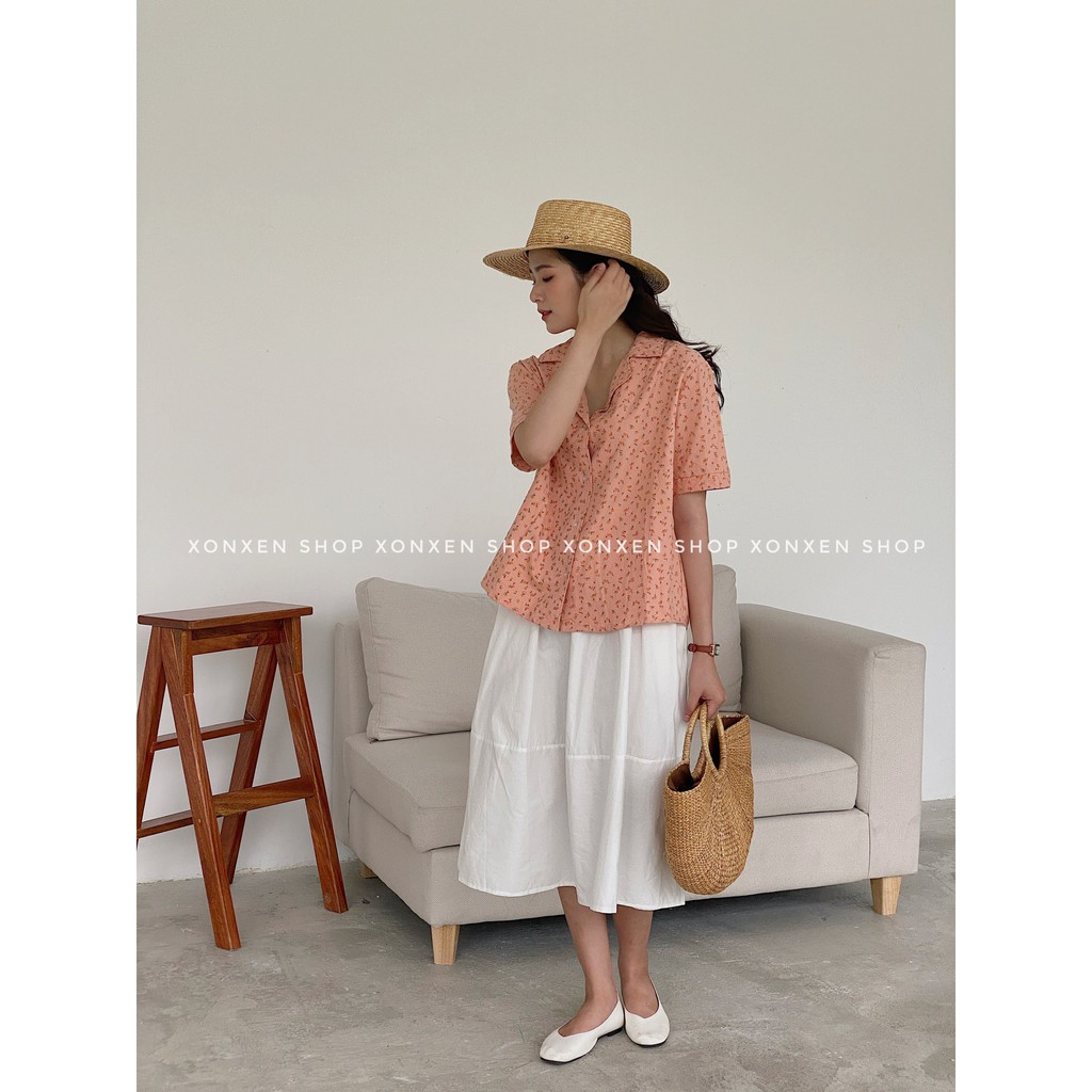 Sơ mi hoa nhí, áo sơ mi nữ cổ vest dễ thương XONXEN SHOP freesize mã 8821