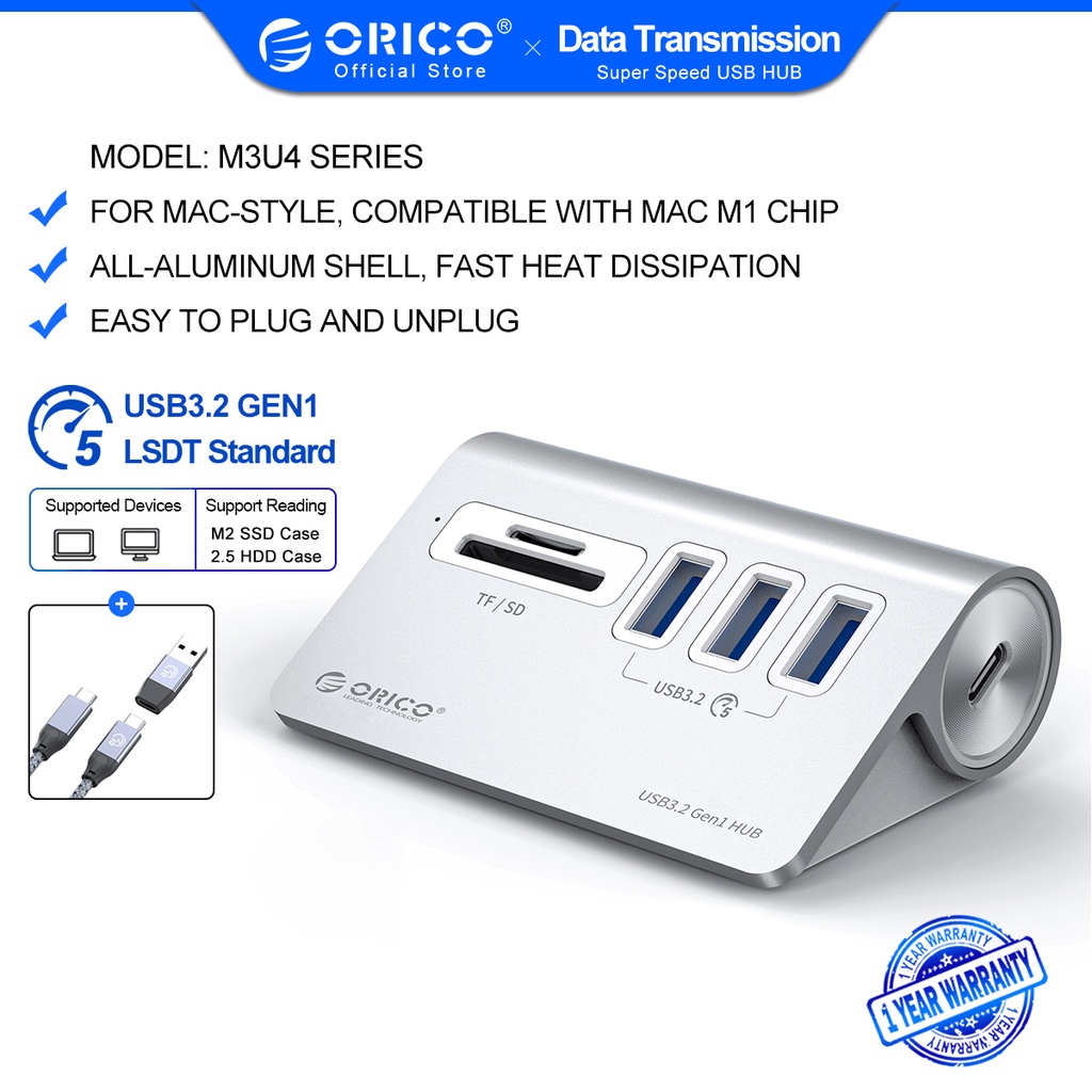 Orico Hub Chia 10Gbps Hub Type C Sang 7 Cổng USB 3.0 Sang Type C 60W Cho Macbook Pro Air M1 PC Laptop (M3U4)
