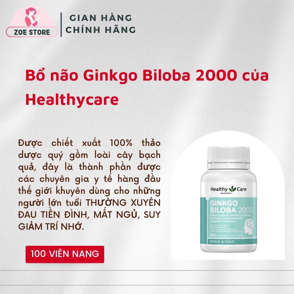Viên uống bổ não Ginkgo Biloba 2000 của Healthycare 100 viên của ÚC