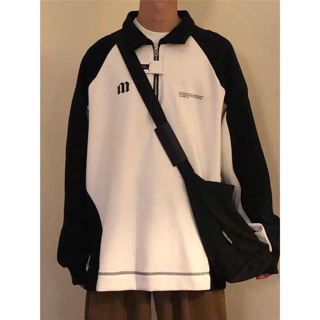 Áo Sweater POLO Dáng Rộng Tay Dài Cổ Đứng Phối Màu Trắng Đen Tương Phản Thời Trang Cho Nam