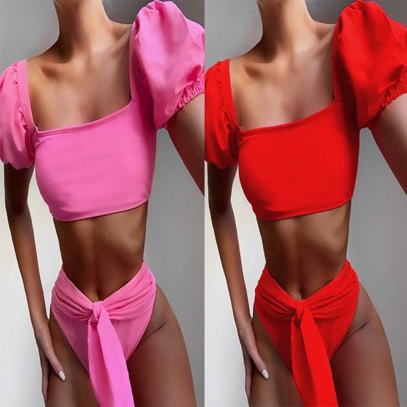 [BKN598] &lt;ÂU&gt; SET BIKINI BASIC TAY NGẮN NƠ EO HỒNG BABY (CẠP CAO)