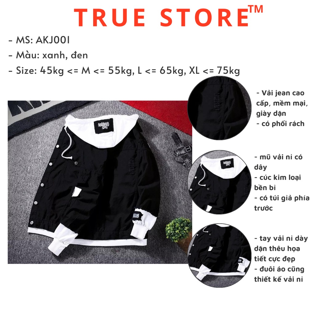 Áo khoác jean rách đen có mũ nỉ phối tay nỉ, áo bò nam huyền thoại phong cách Hàn Quốc, True Store, AKJ011
