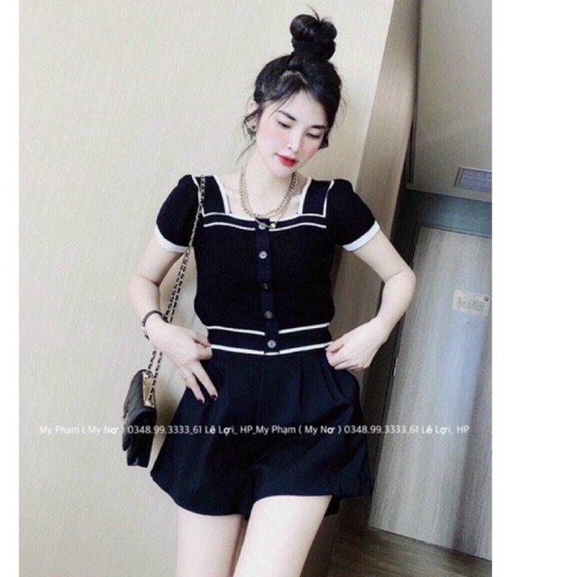 Áo len cộc cổ vuông viền bo gấu cúc giữa len mịn co giãn AL6530 - NhiNhi Shop
