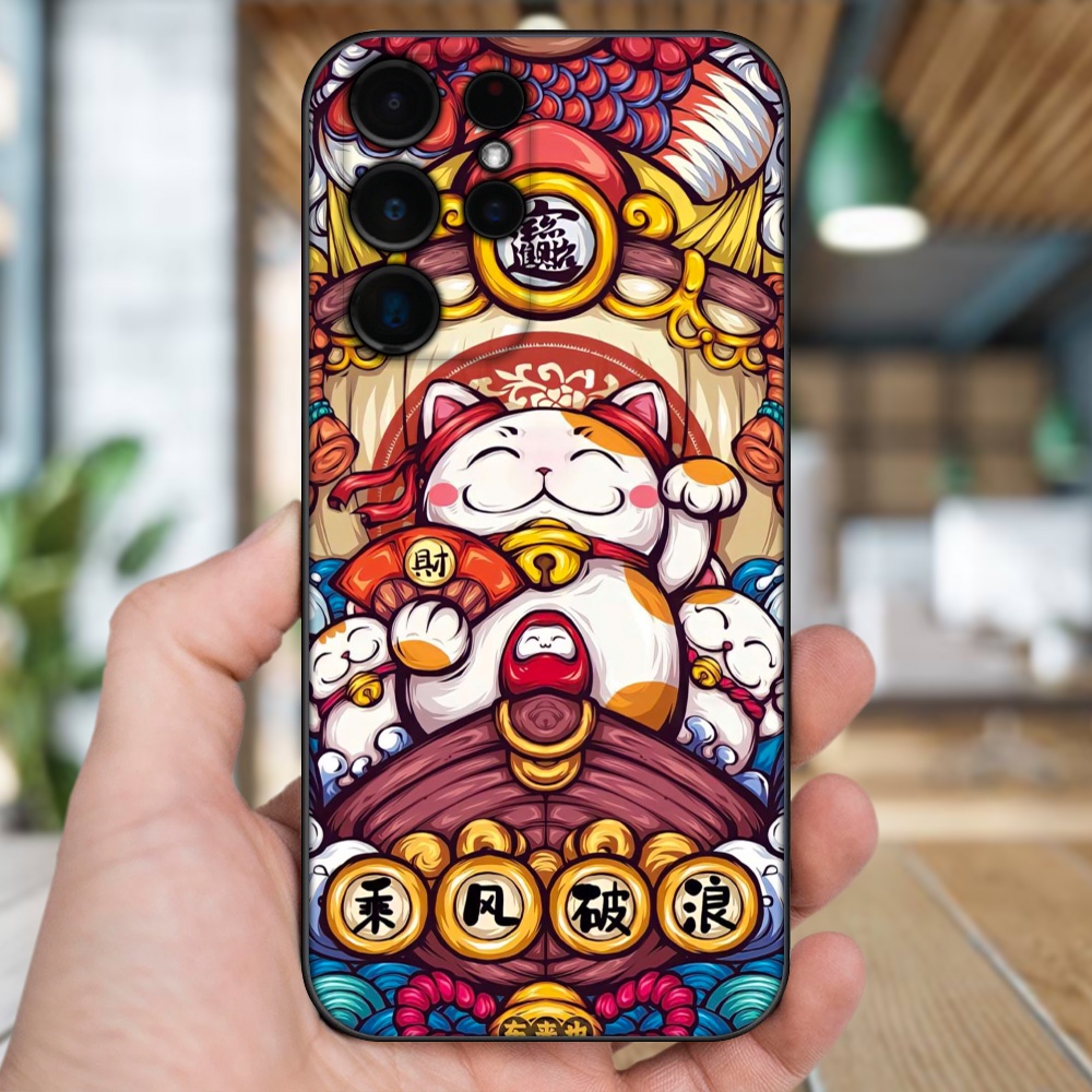 Ốp lưng Samsung S21 Ultra, S22 Ultra viền đen in hình Mèo Thần Tài dễ thương