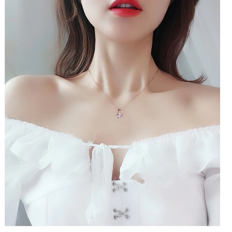Dây Chuyền Ngắn Bằng Thép Titan Không Gỉ 316L Mạ Vàng Hồng 18K Đính Đá Kim Cương In Chữ D Phong Cách Nhật Hàn