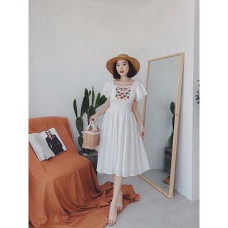 Đầm Voan Trắng Tay Cánh Tiên Ngực In Hoa Lá Bo Eo Quý Phái TTSA0569