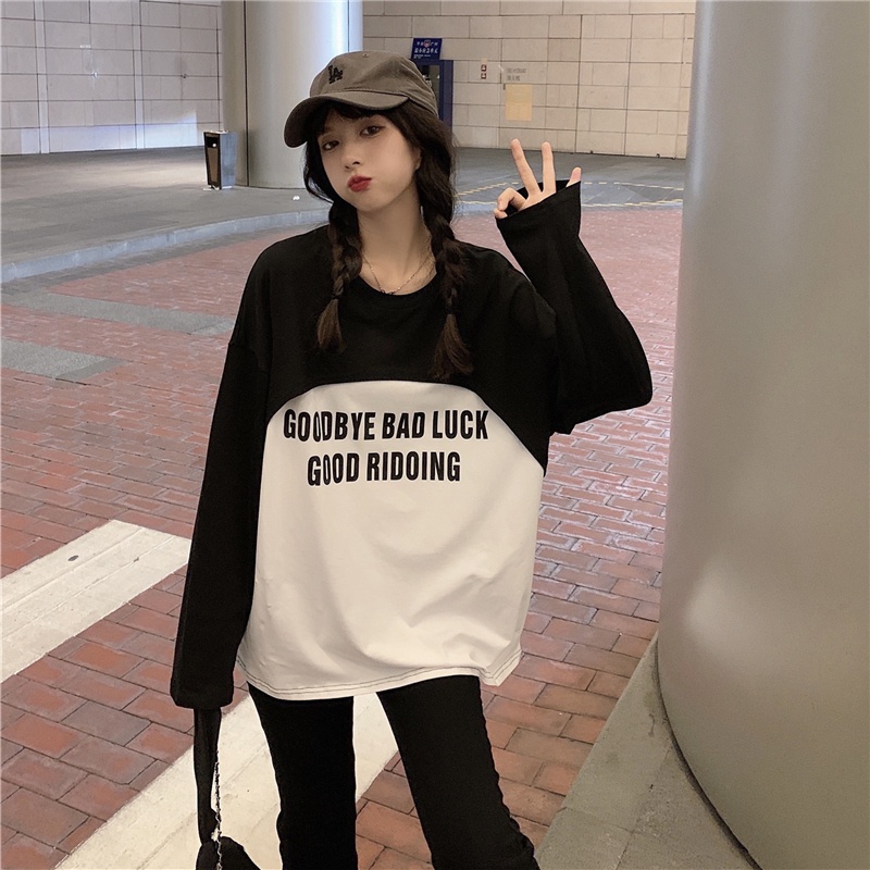 【ZHELIHANGFEI】Áo Thun Dài Tay Giả Hai Lớp In Chữ Phong Cách Preppy