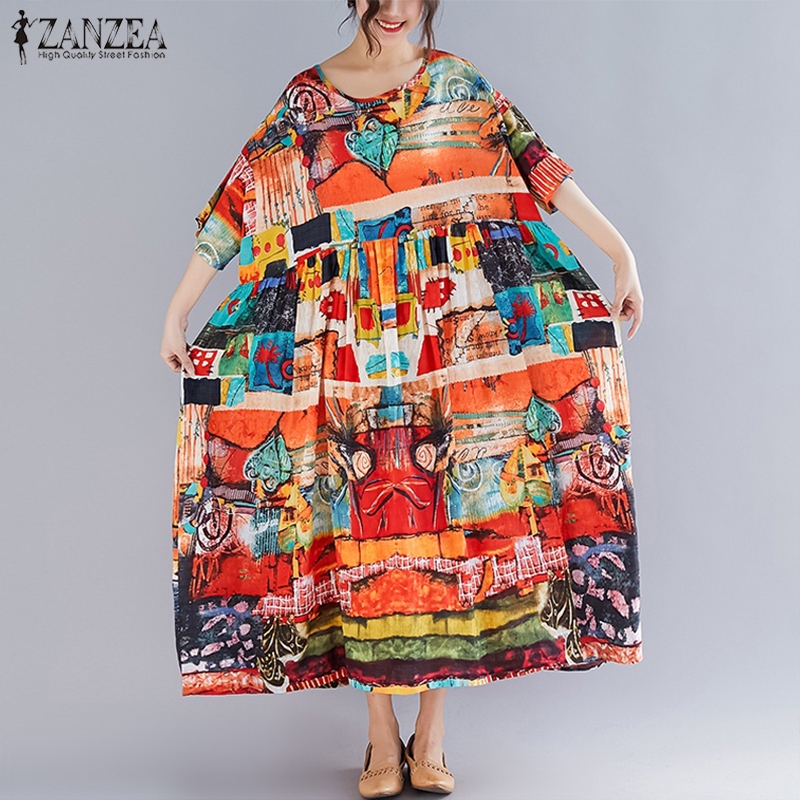 Đầm Maxi ZANZEA Ngắn Tay Dáng Rộng In Họa Tiết Sành Điệu Dành Cho Nữ | BigBuy360 - bigbuy360.vn