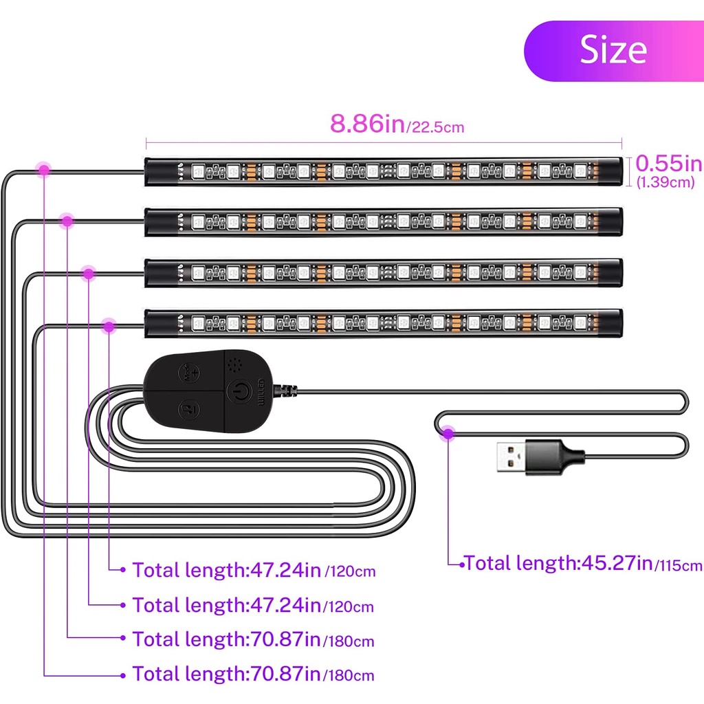 Đèn LED RGB Chống Thấm Nước Có Điều Khiển Từ Xa Trang Trí Nội Thất Xe Hơi ​
