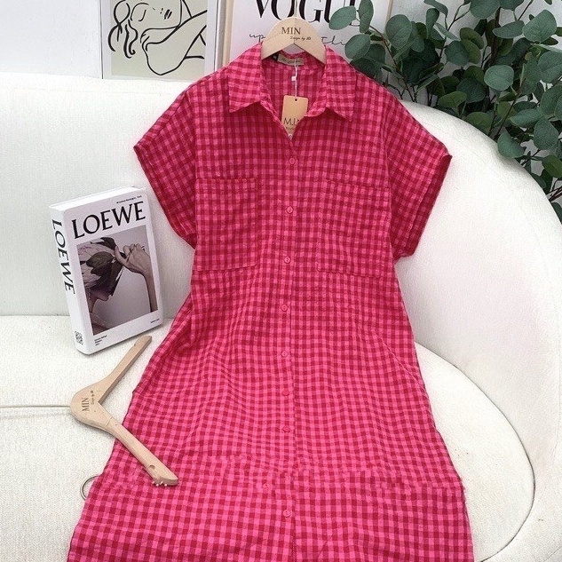 Váy sơ mi nữ LOZADO đầm suông nữ form rộng họa tiết kẻ caro hồng bánh bèo nữ tính hottrend - V151