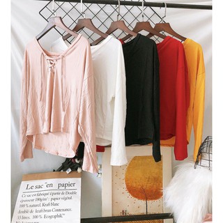 Áo Thun Lụa Tay Dài Kết Hợp Đan Dây Trước Ngực Kiểu Cách TTS0893