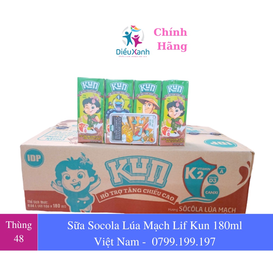 [ Thùng 48 Hộp] Sữa Kun Socola Cacao Lúa Mạch 180ml