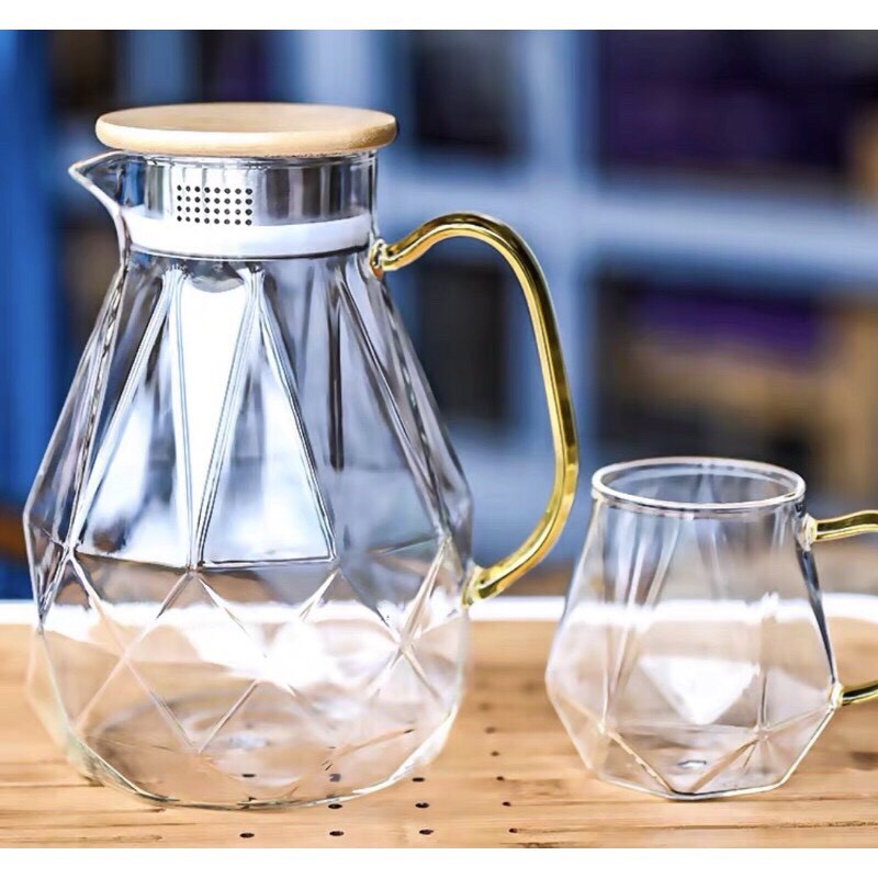 bộ bình kèm 6 cốc thủy tinh kim cương chịu nhiệt -TH