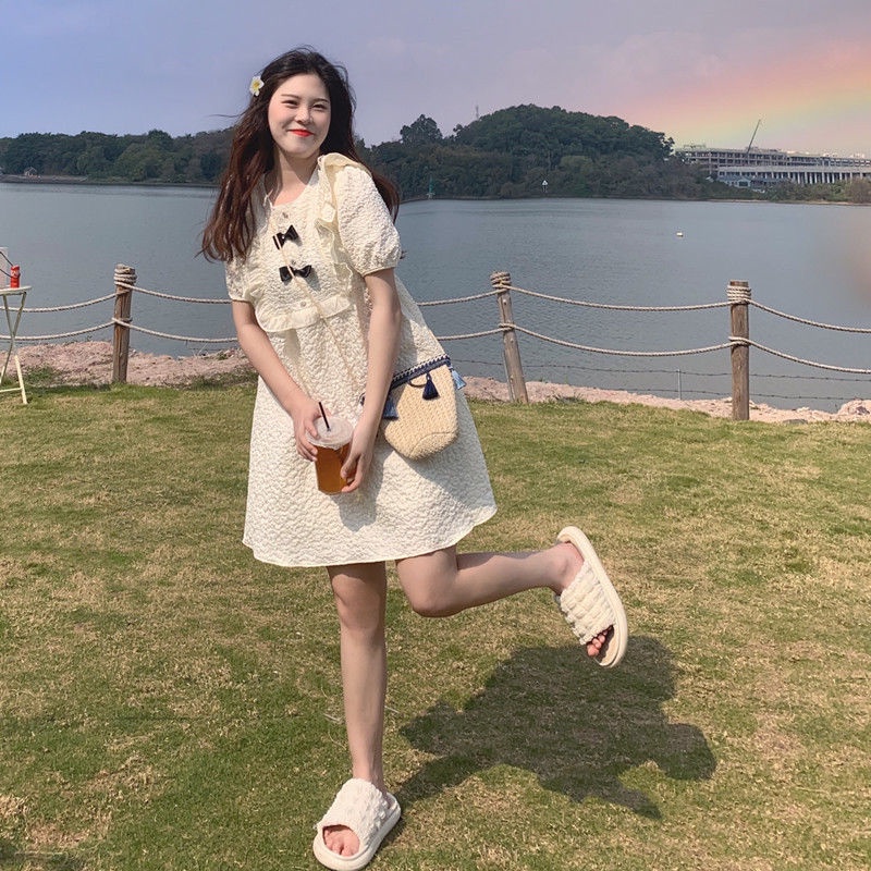 Đầm Cổ Tròn Tay Phồng Dáng Rộng Phối Bèo Lá Sen Cỡ Nhỏ Phong Cách Nhật Bản Ngọt Ngào Thời Trang Mù