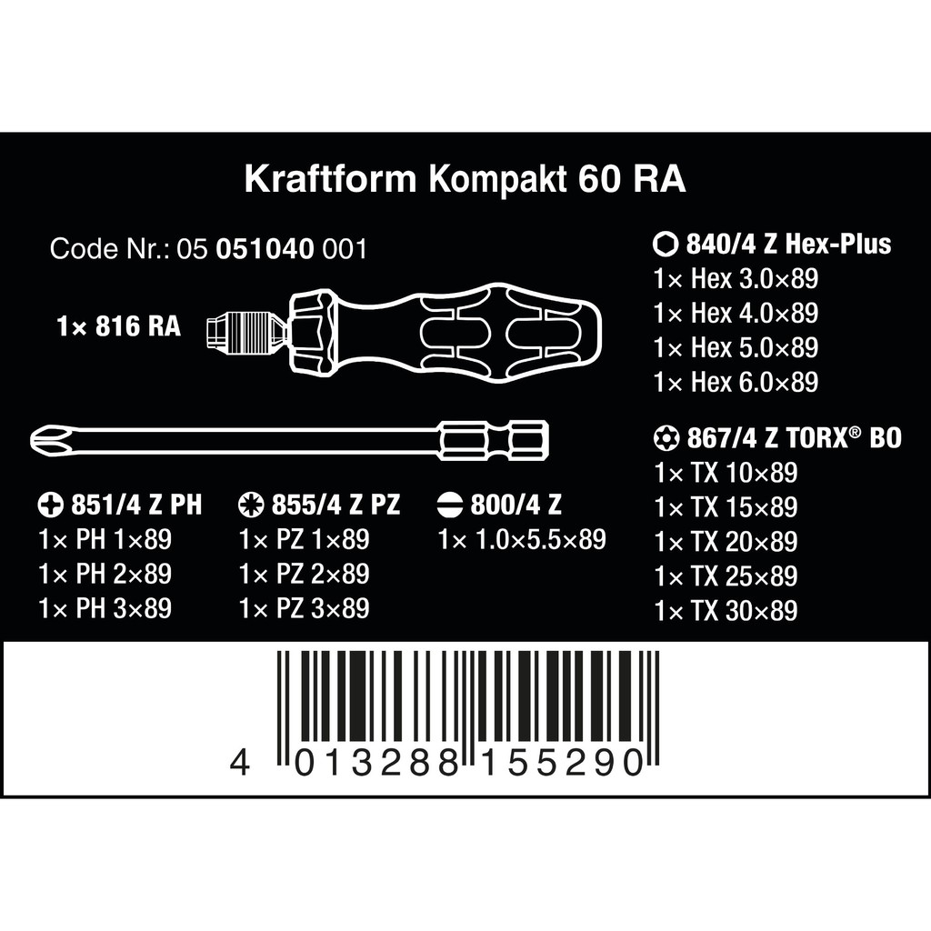 Bộ mở vít Wera Kraftform Kompakt 60 RA cán vít tự động gồm 17 cái Wera 05051040001