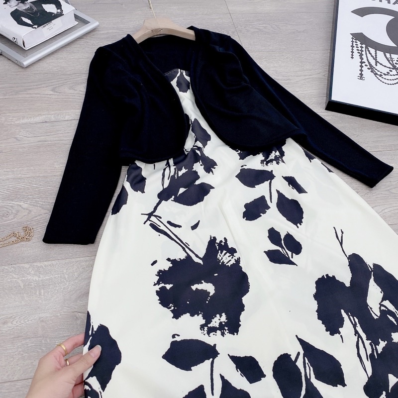 [ 𝐅𝐑𝐄𝐄 𝐒𝐇𝐈𝐏 ] SÉT VÁY 2 DÂY HOA MIX CADIGAN ĐEN SIÊU HÓT VÁY HOA THÔ LỤA