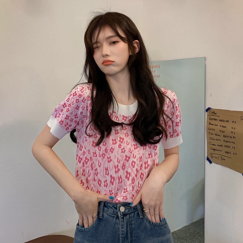 Áo thun ZHELIHANGFEI dệt kim ngắn tay in hoa xinh xắn thời trang