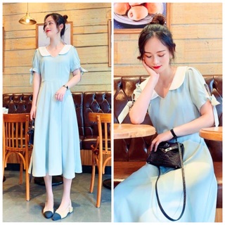 Đầm midi mint phối cổ trắng (kèm hình thật)