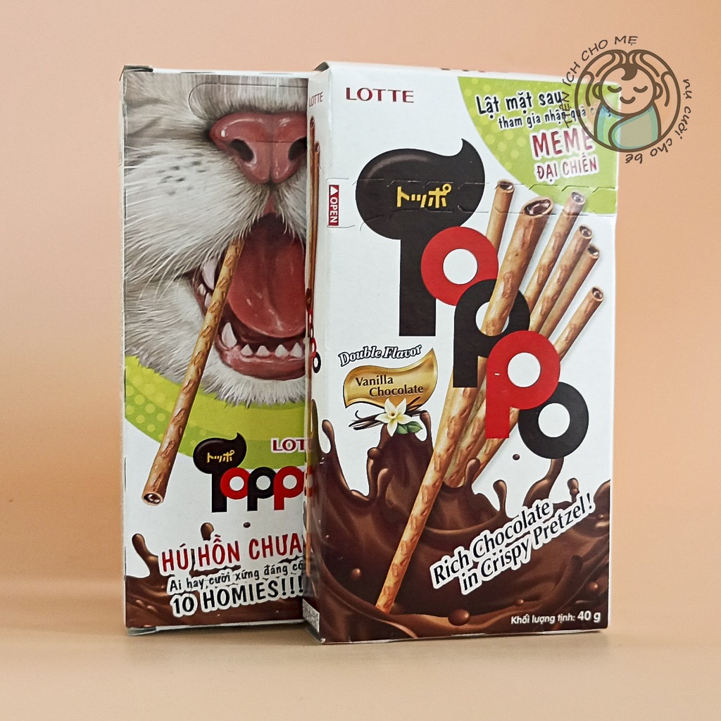 Bánh que socola Toppo Lotte vỏ giòn tan, kẹo thanh chocolate kem vani hộp 40 vị socola, dâu