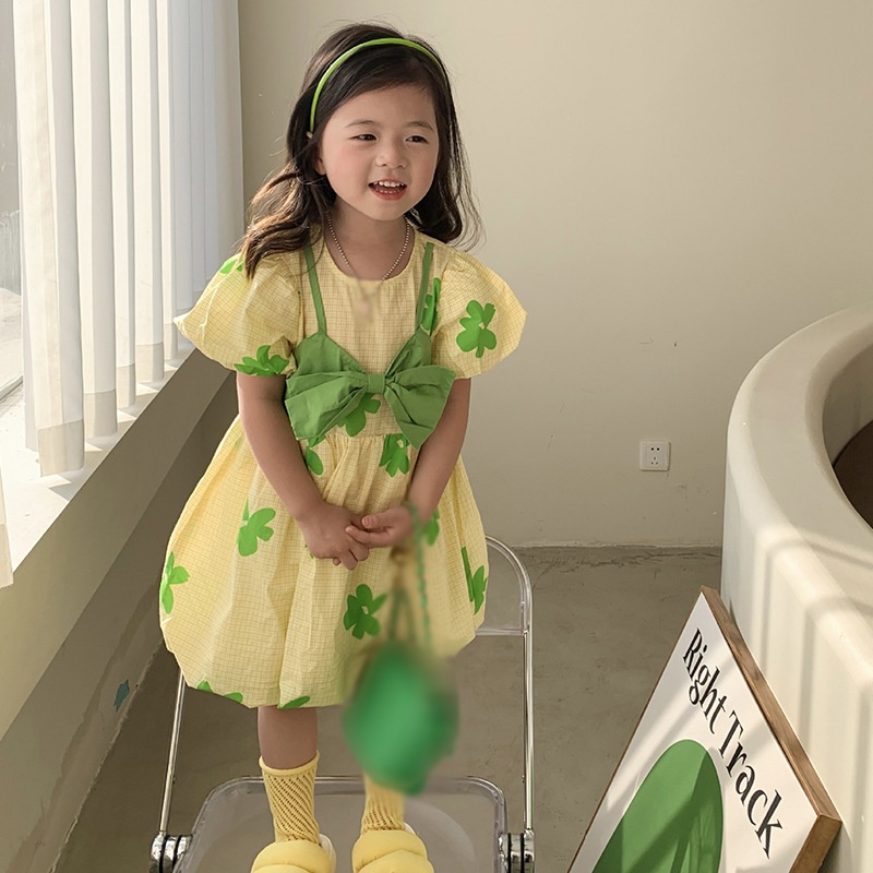 Đầm Công Chúa Giả Hai Lớp Đính Nơ Dễ Thương Phong Cách Hàn Quốc Cho Bé Gái