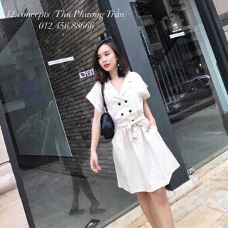 Đầm sọc phối nút cổ vét