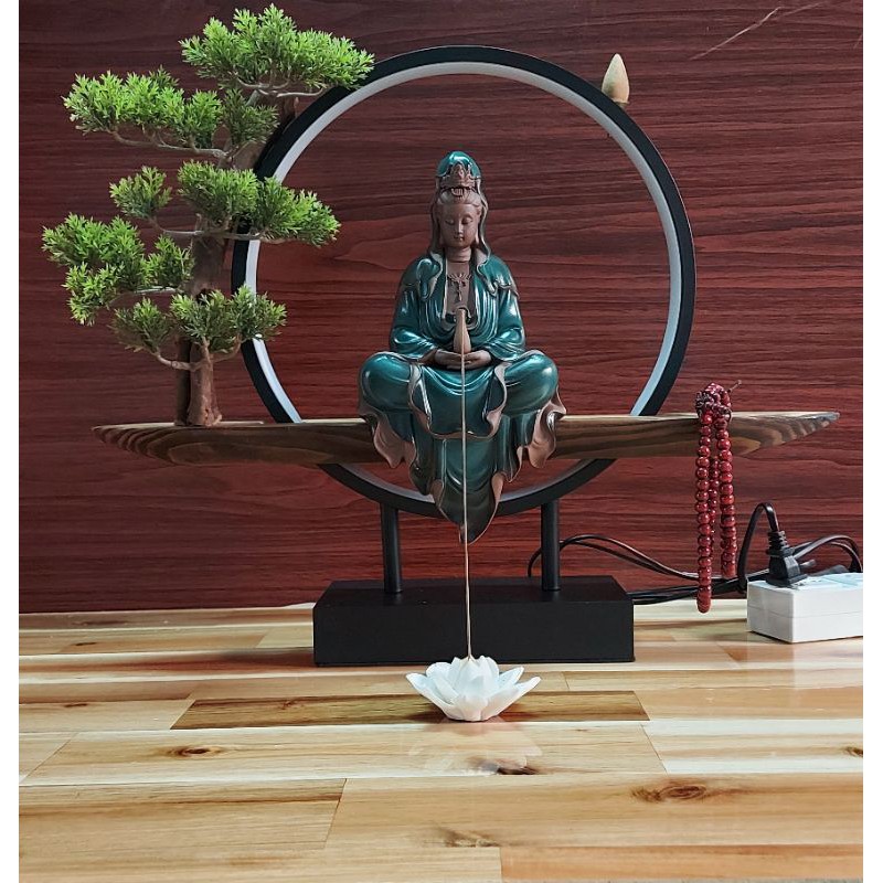 Thác khói quan âm đèn led cao cấp tăng 1H trầm & tràng hạt hoa sen cấm nhang | BigBuy360 - bigbuy360.vn