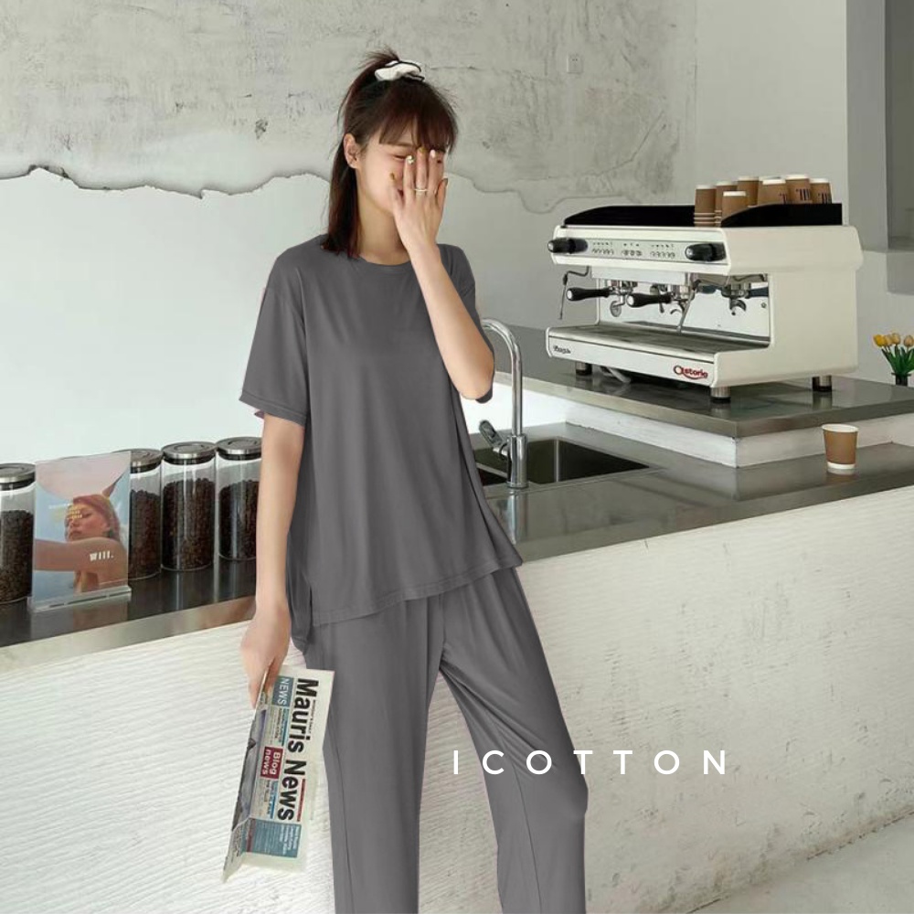 Bộ đồ cotton lụa áo cộc tay quần dài  ❤️Icotton❤️ cao cấp, mát mặc nhà, đồ ngủ form rộng trung niên