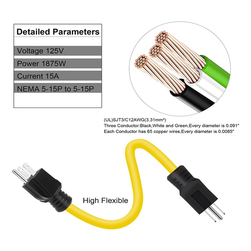 Dây Nối Dài 2Ft 3 Chấu 12AWG 125V NEMA 5-15P Sang 5-15P
