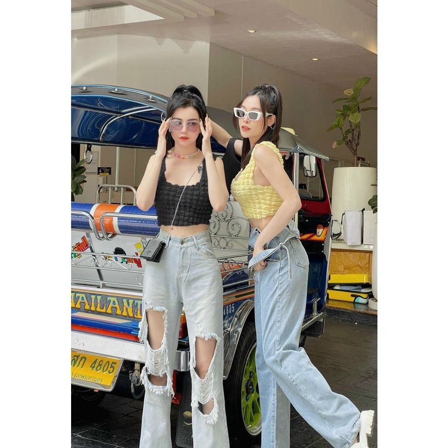 Áo thun xốp 2 dây dáng croptop xinh