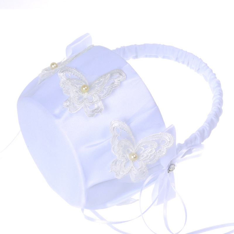 Giỏ Đựng Kẹo Cưới Vải Satin Phối Ren Hoa Và Bươm Bướm Xinh Xắn