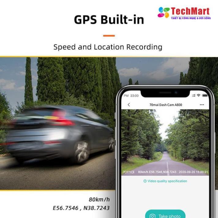 Bộ Camera hành trình trước và sau ô tô Xiaomi 70mai. Bản Quốc Tế cao cấp A800S, 4K, Wifi - Hàng Nhập Khẩu Chính Hãng