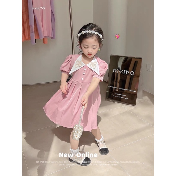 Xả Váy cổ nhọn thêu 2 màu cho bé gái