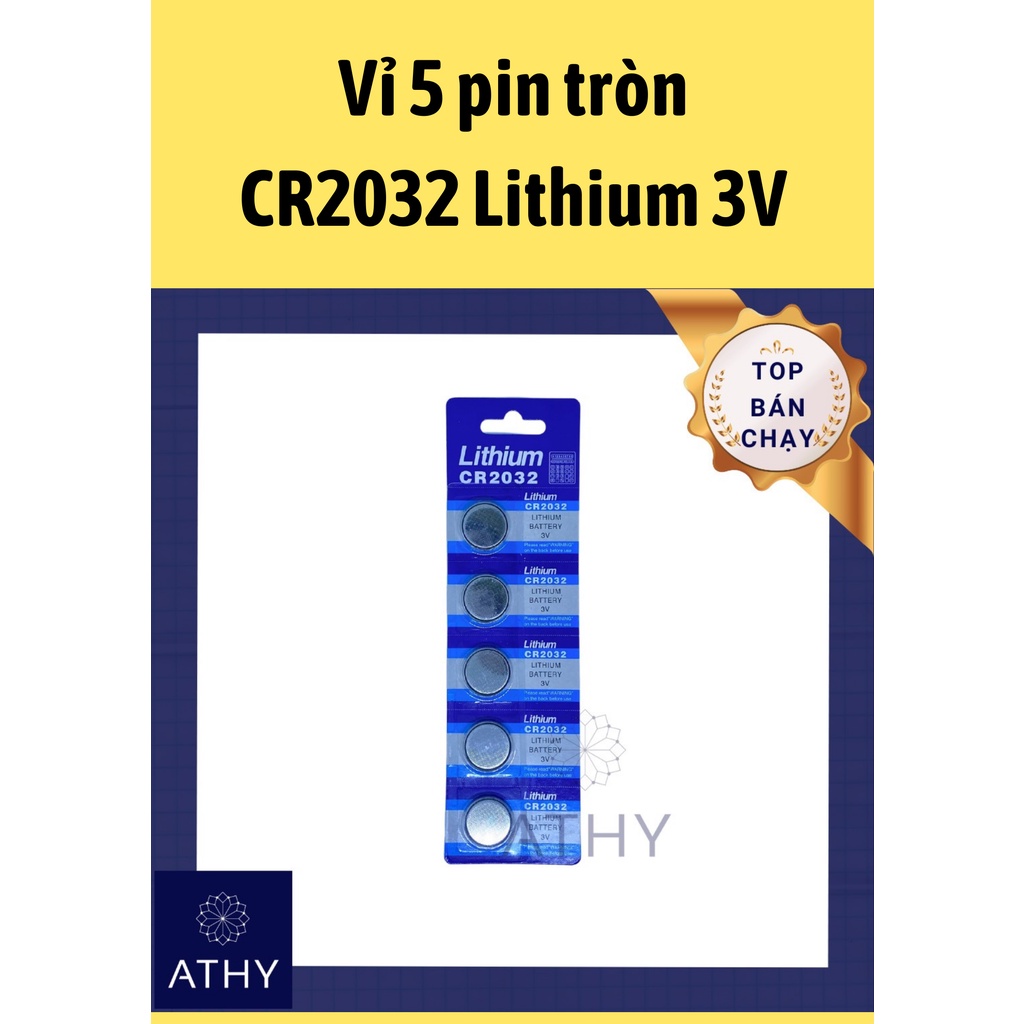 Vỉ 5 viên pin CR2032 Lithium, battery CR 2032, thay bin đồng hồ cân điện tử remote đèn CMOS, dẹp tròn cúc nút áo 3V