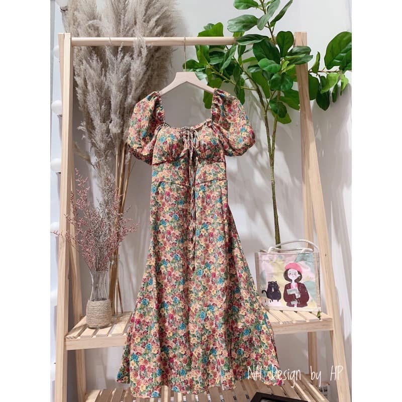 Váy Hoa Nhí Dáng Dài Nhún Vai Xẻ Tà Siêu Tôn Dáng