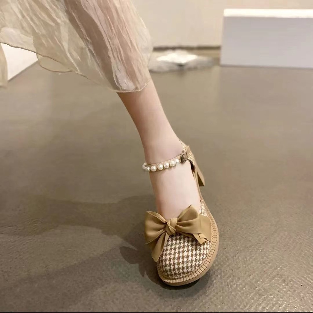 2022 Giày Mary Jane Gót Dày Đính Nơ Ngọc Trai Chống Trượt Thoải Mái Dễ Phối Đồ Giày cao gót