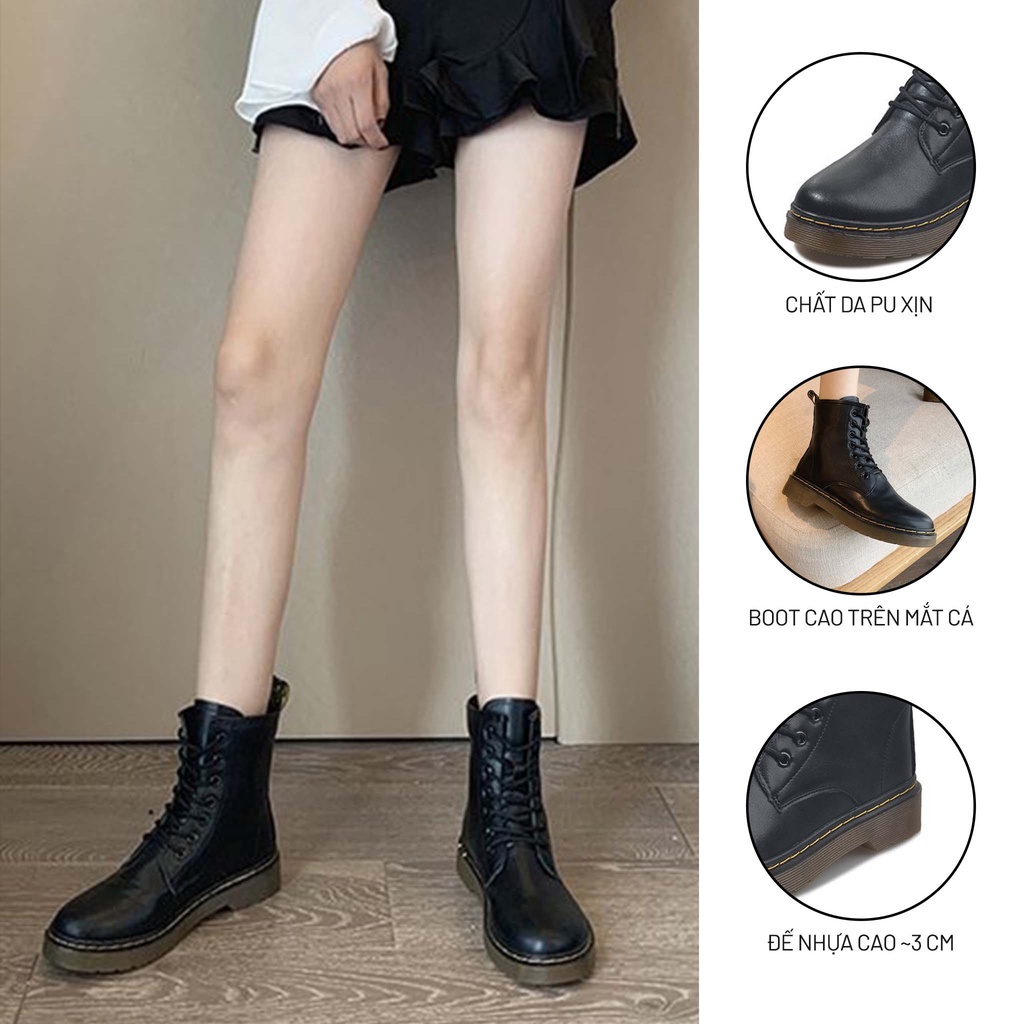 Giày Bốt Martin Ulzzang, Bốt Chiến Binh Da Nữ Cổ Cao Đế Độn 3cm Phong Cách Vintage, Hàn Quốc - Iclassy_shoes