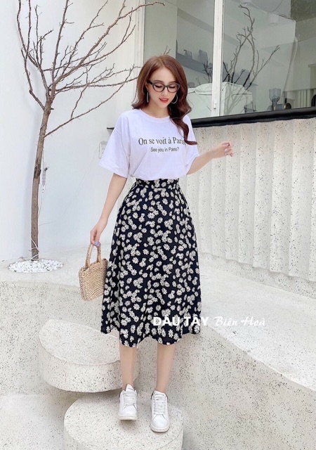 SET ÁO THUN CHÂN VÁY XOÈ CÚC HOẠ MI ĐÁNG YÊU GIÁ RẺ KÈM ẢNH THẬT