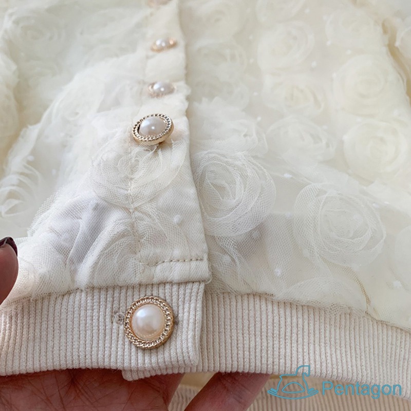 Áo Khoác Cardigan Tay Dài Có Gân Và Nút Ngọc Trai Dễ Thương Dành Cho Bé Gái
