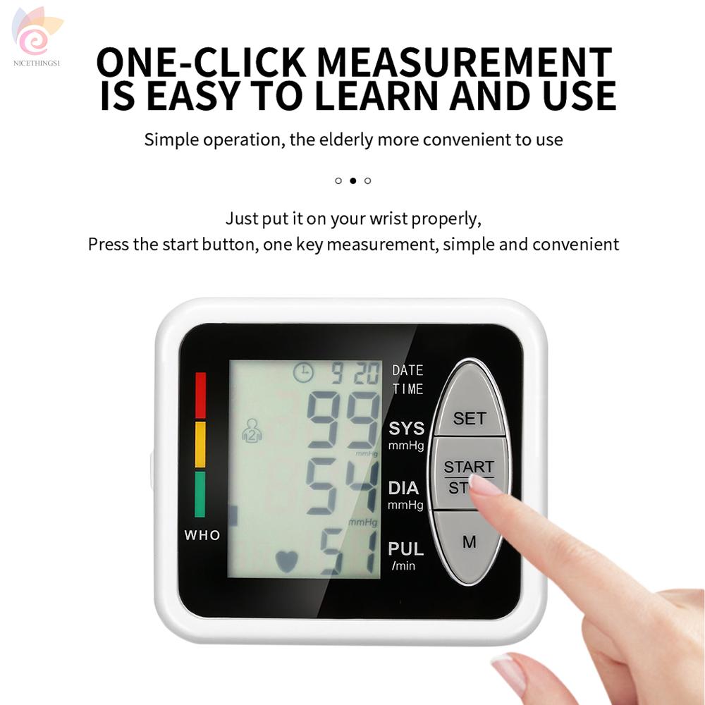 ET Portable Wrist Electronic Sphygmomanometer Blood Pressure Monitor Automatic Large LCD Display Home Care Tri-color Indicator Light 2 Users 99 Groups Data Storage Compact Size