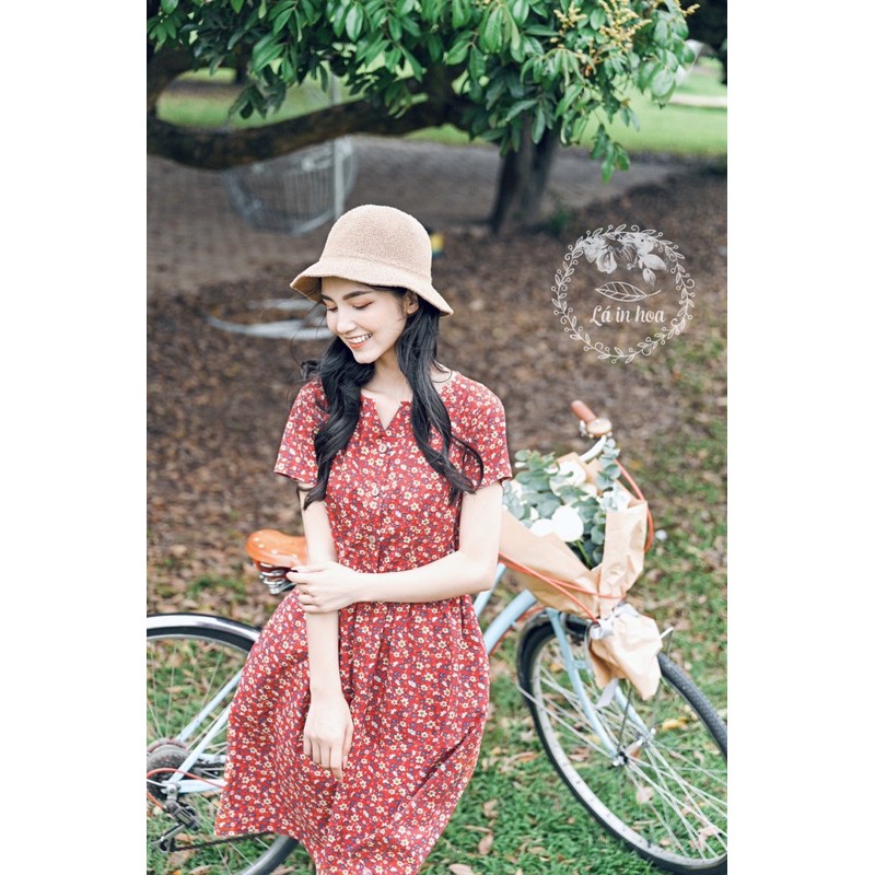Váy Hoa Đỏ Thắt Eo Dáng Xoè Mùa Hè Lá In Hoa | BigBuy360 - bigbuy360.vn