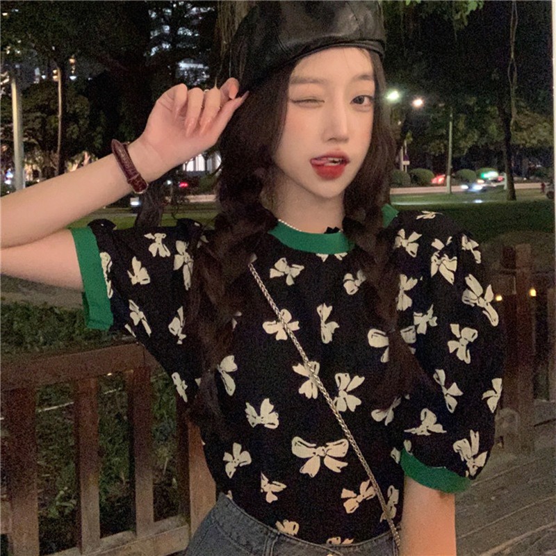 Áo thun ZHELIHANGFEI tay phồng ngắn dáng rộng in hình nơ thời trang hè mới 2022 cho nữ