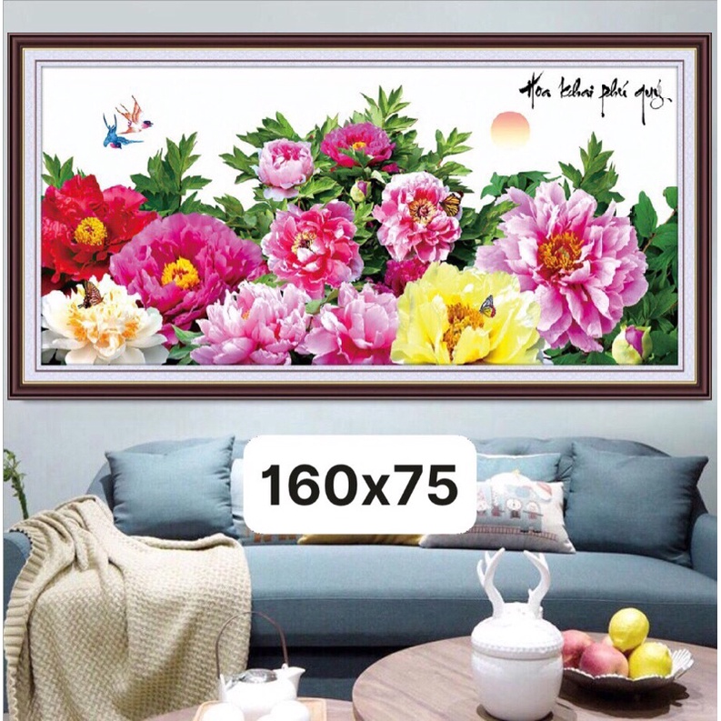tranh thêu hoa mẫu đơn đẹp 160x75cm