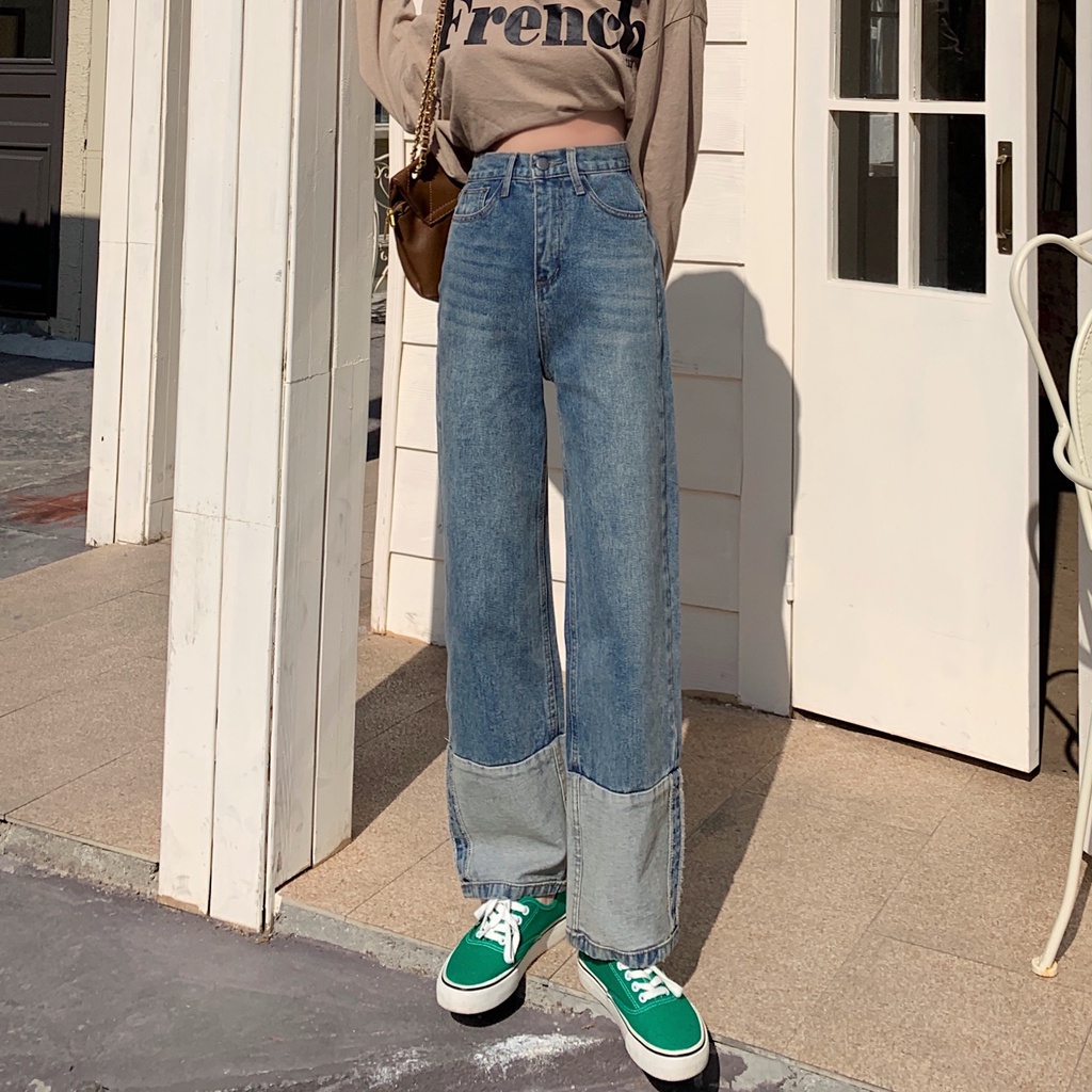 Quần jeans nữ ống rộng lưng cao phong cách Hàn Quốc