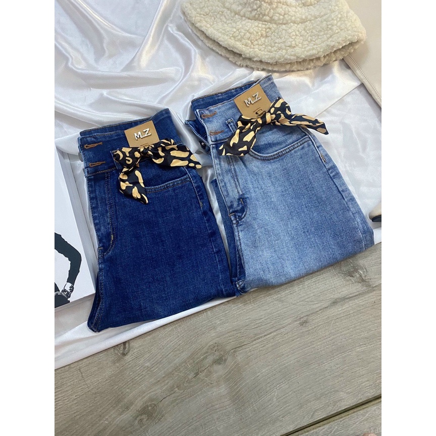 [ NƠ MZ ] QUẦN JEANS NGỐ GIÃN LỬNG NỮ LƯNG CAO 2 NÚT MẠC DA MZ PHỐI NƠ LAI TUA MÀU XANH NHẠT XANH ĐẬM CO GIÃN CAO CẤP