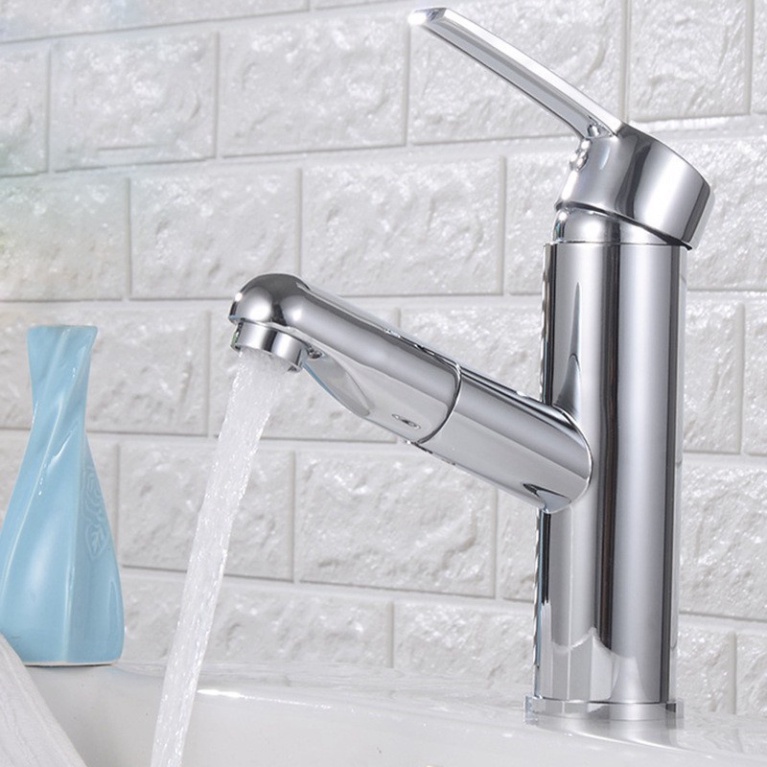 [ Hàng Mới Về ] Vòi lavabo nóng lạnh dây kéo rút inox 304 cao cấp màu bạc sáng bóng tiện dụng, siêu bền - QM0046