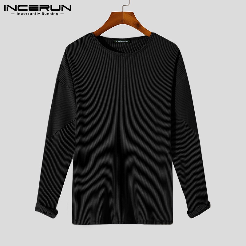 Áo thun INCERUN xếp ly màu trơn tay dài cổ tròn thời trang nam