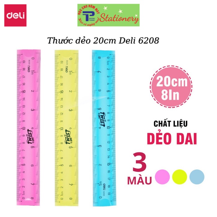 Thước kẻ nhựa dẻo màu EcoPVC 20cm, 30cm Deli - Màu ngẫu nhiên - 1 cây - E6208,6209